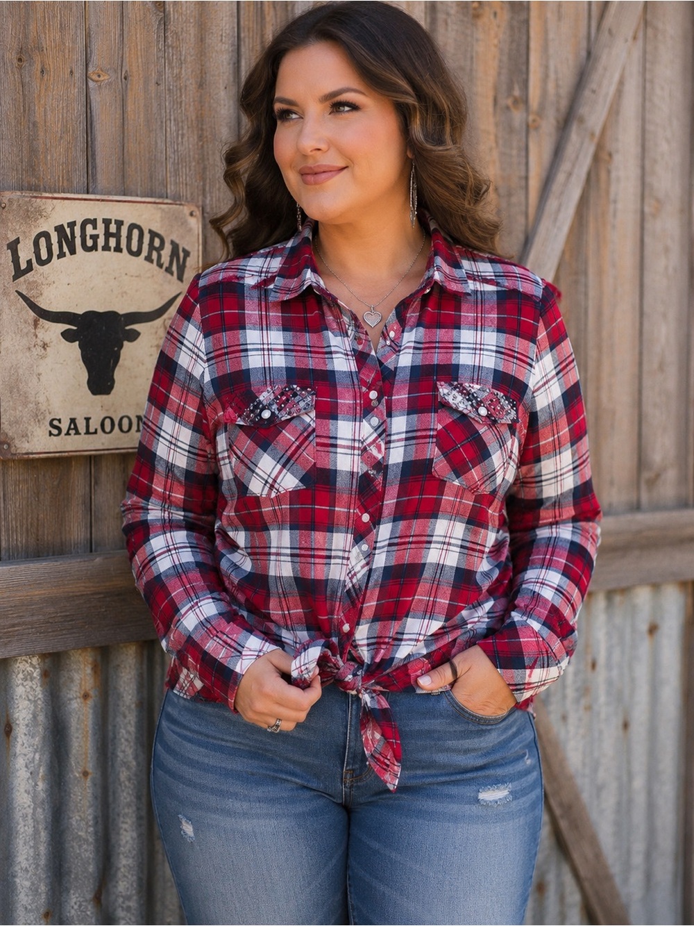 Red Ranch 2X Rhinestone Western Plaid Snap Shirt Americana Cowgirl